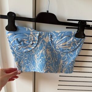 ZARA Blue & White Bustier Crop Top S – Smocked Strapless Corset Style